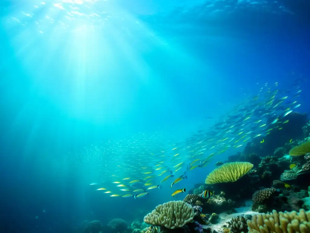 Vibrante arrecife de coral con peces iridiscentes, reflejos de luz y beneficios colágeno marino piel