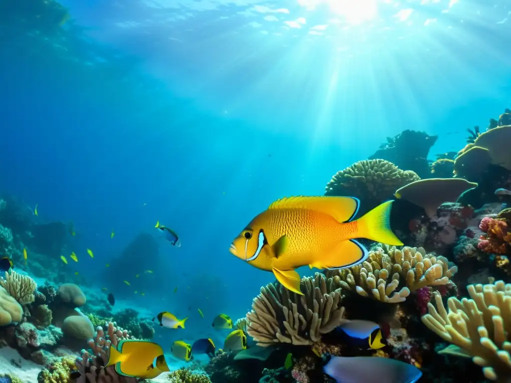 Un vibrante arrecife de coral con peces de colores bajo el agua, iluminado por la luz solar