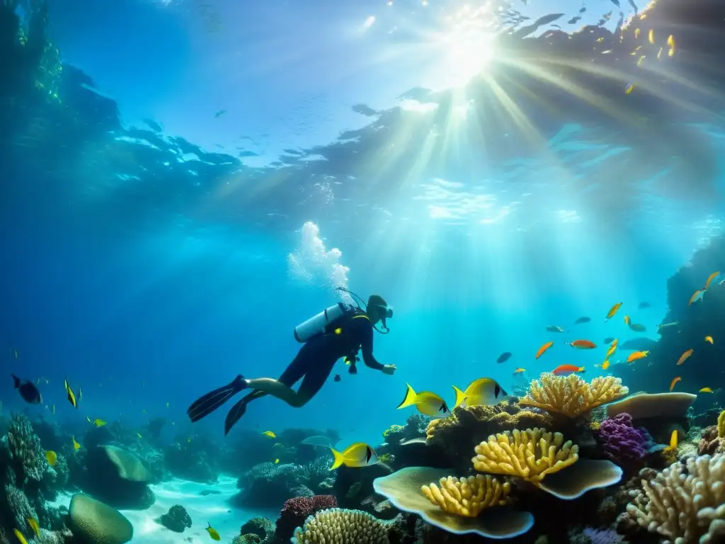 Vibrante arrecife de coral con peces coloridos y plantas marinas, bajo el suave brillo del sol