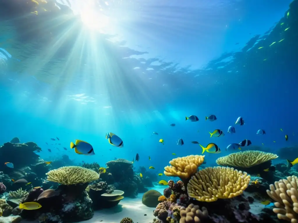 Vibrante arrecife de coral con peces coloridos y rayos de sol, iluminado por agua clara azul