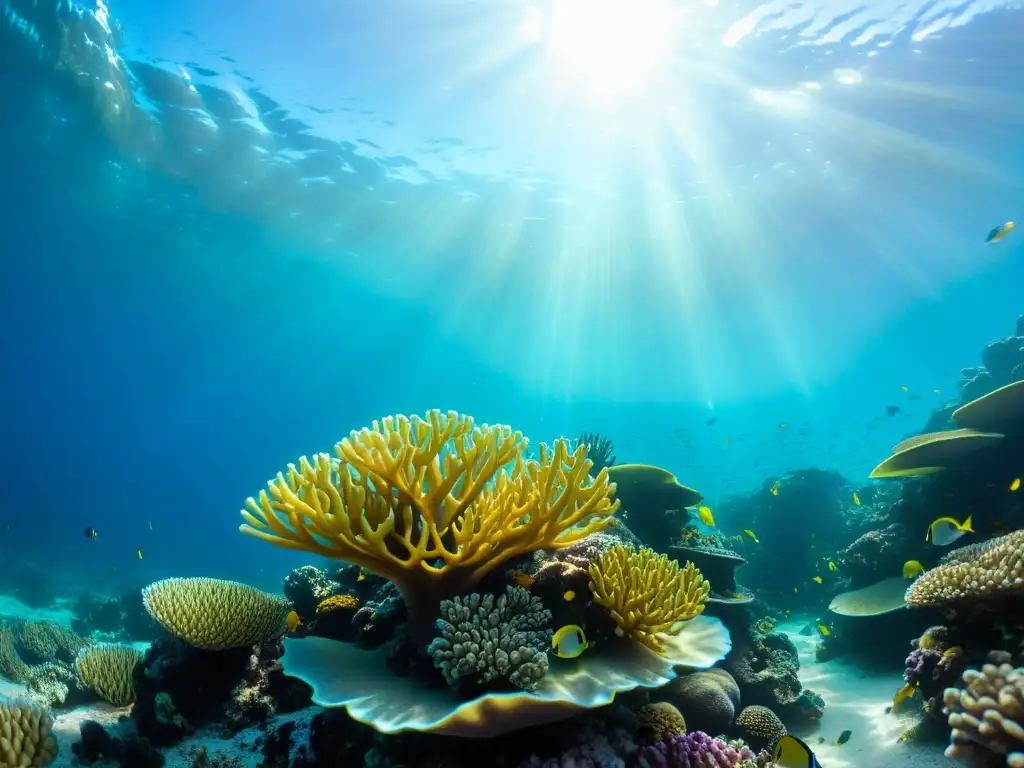 Vibrante arrecife de coral con peces tropicales entre formaciones coralinas, iluminado por el sol