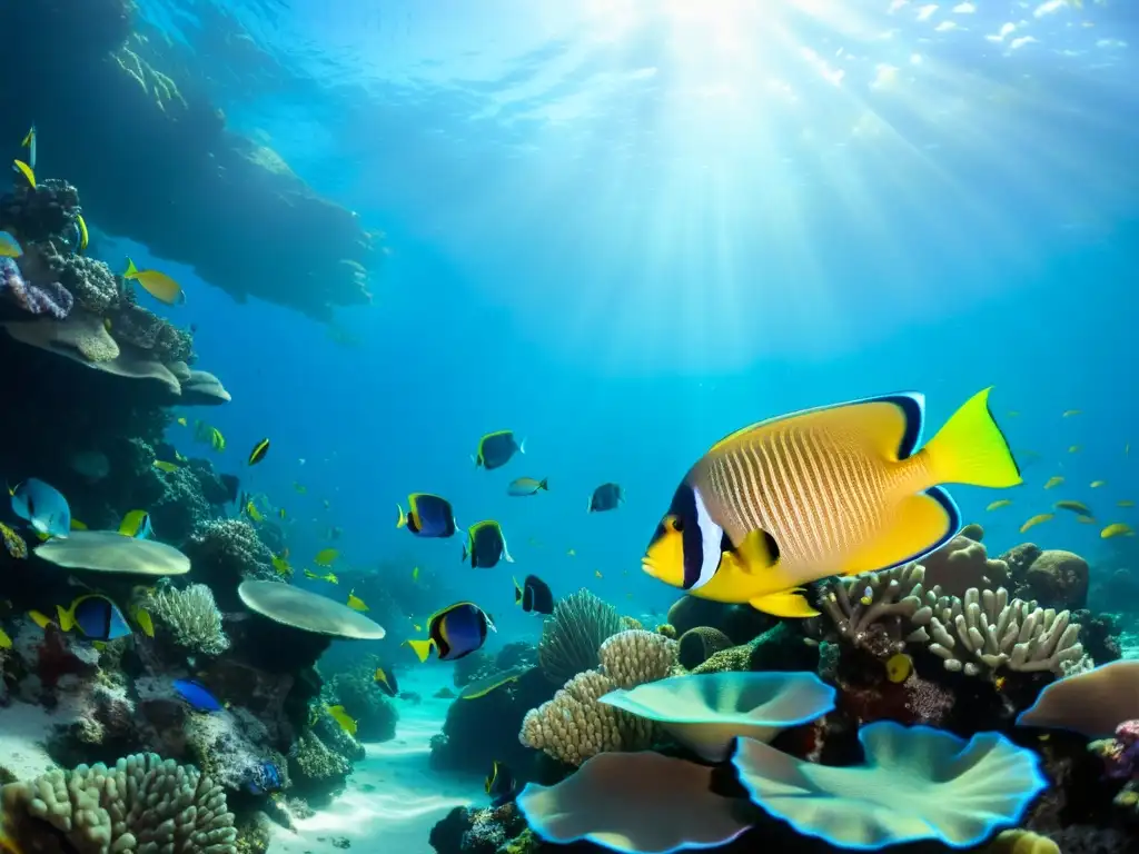 Vibrante arrecife de coral, peces tropicales y rayos de sol en el agua clara