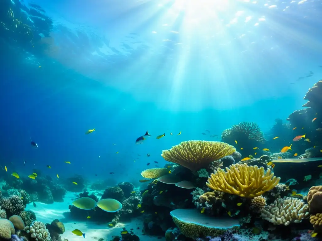 Vibrante arrecife de coral con peces coloridos, bañado por la luz solar