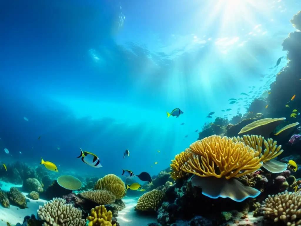 Vibrante arrecife de coral con peces y plantas marinas, iluminado por la luz solar