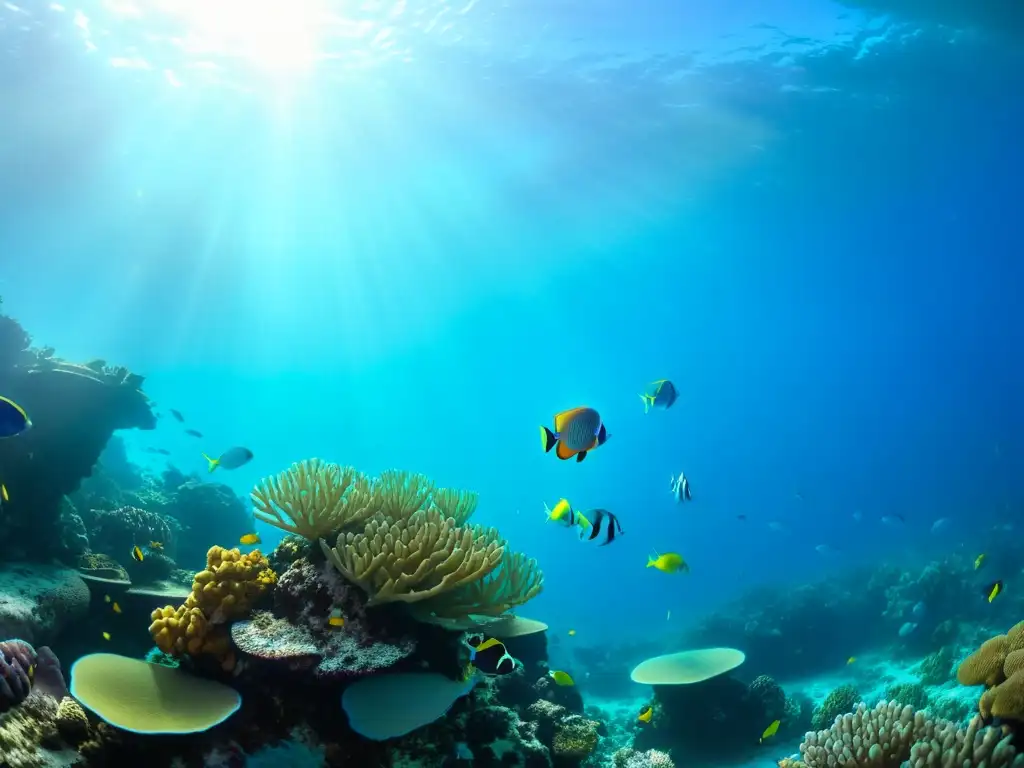 Un vibrante arrecife de coral con peces de colores en un mundo submarino