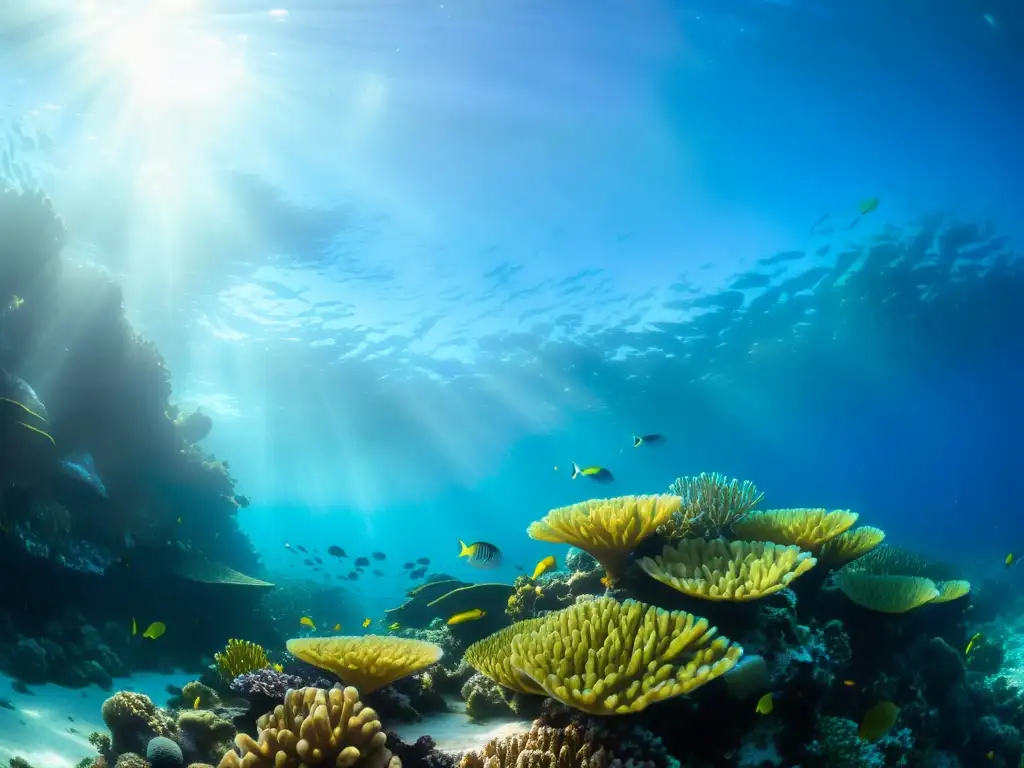 Vibrante arrecife de coral con peces de colores y plantas marinas bajo el agua clara