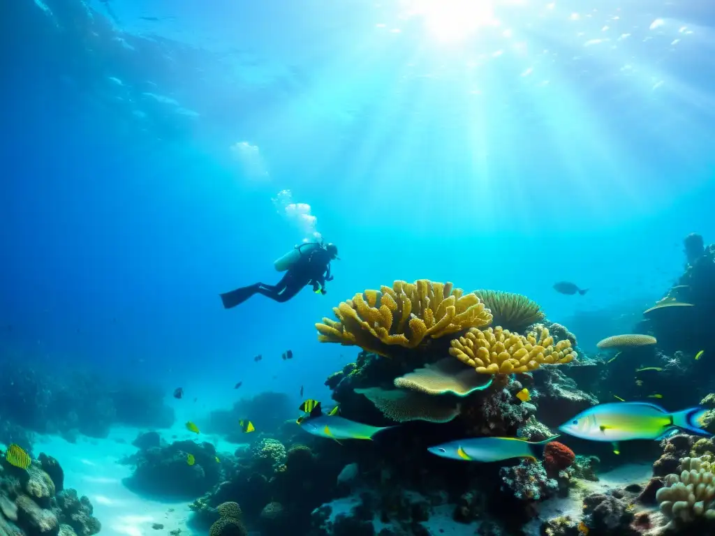 Vibrante arrecife de coral, peces coloridos y buceadores explorando, con la clave 'Consejos para buceo seguro'