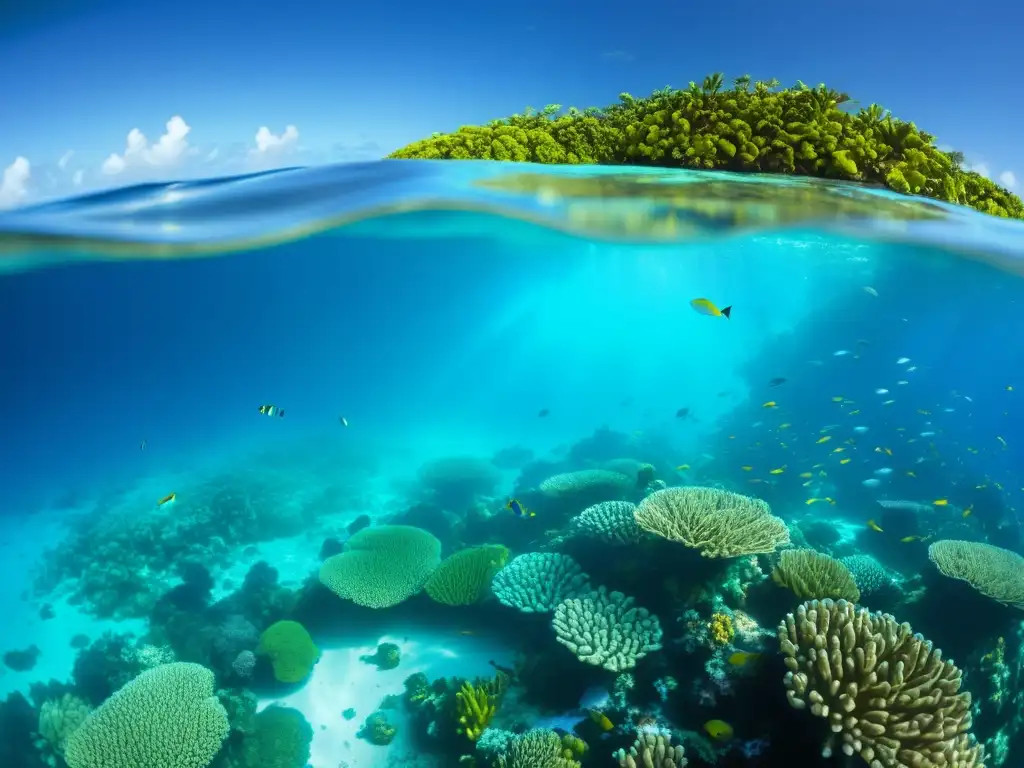 Vibrante arrecife de coral con peces tropicales y luz solar filtrada