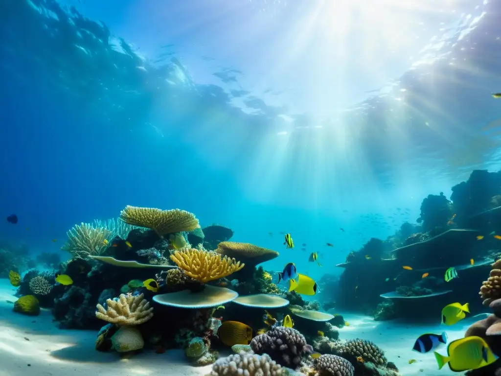 Un vibrante arrecife de coral con peces y vida marina, iluminado por el sol en el fondo del océano