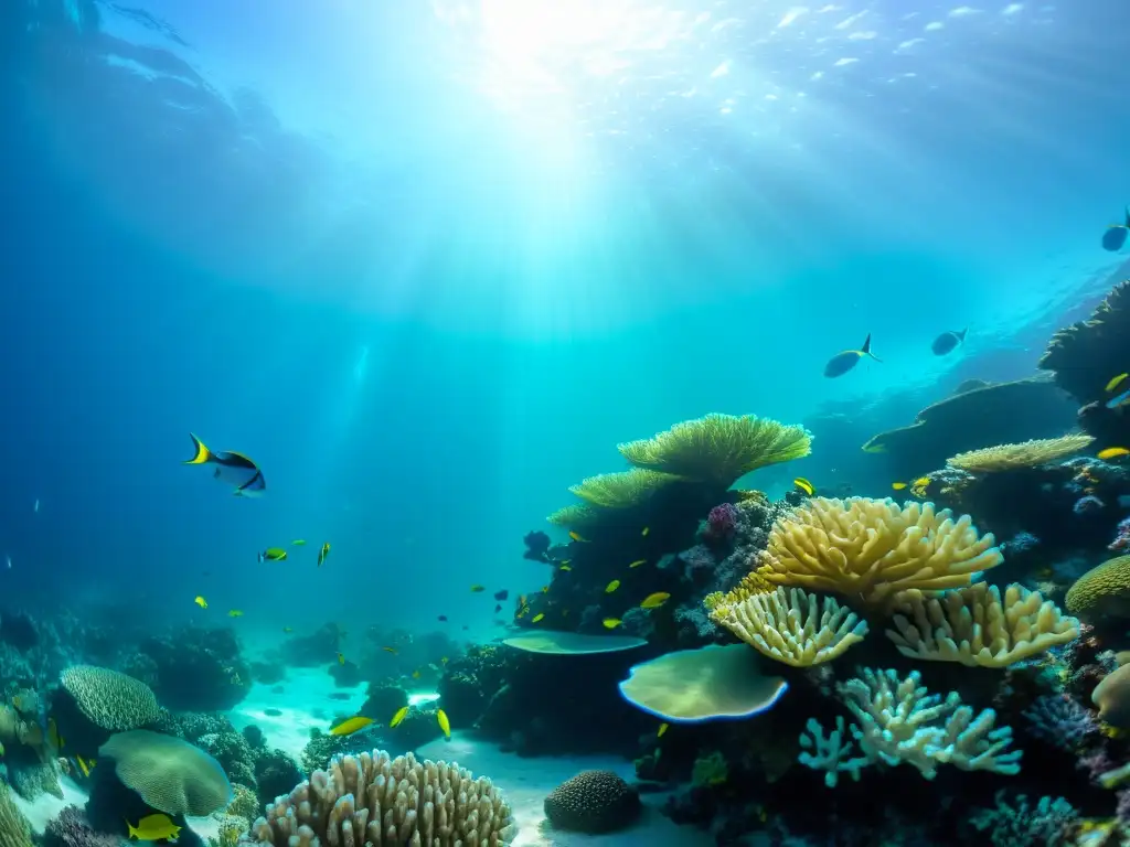 Un vibrante arrecife de coral con peces coloridos en un paisaje submarino tranquilo