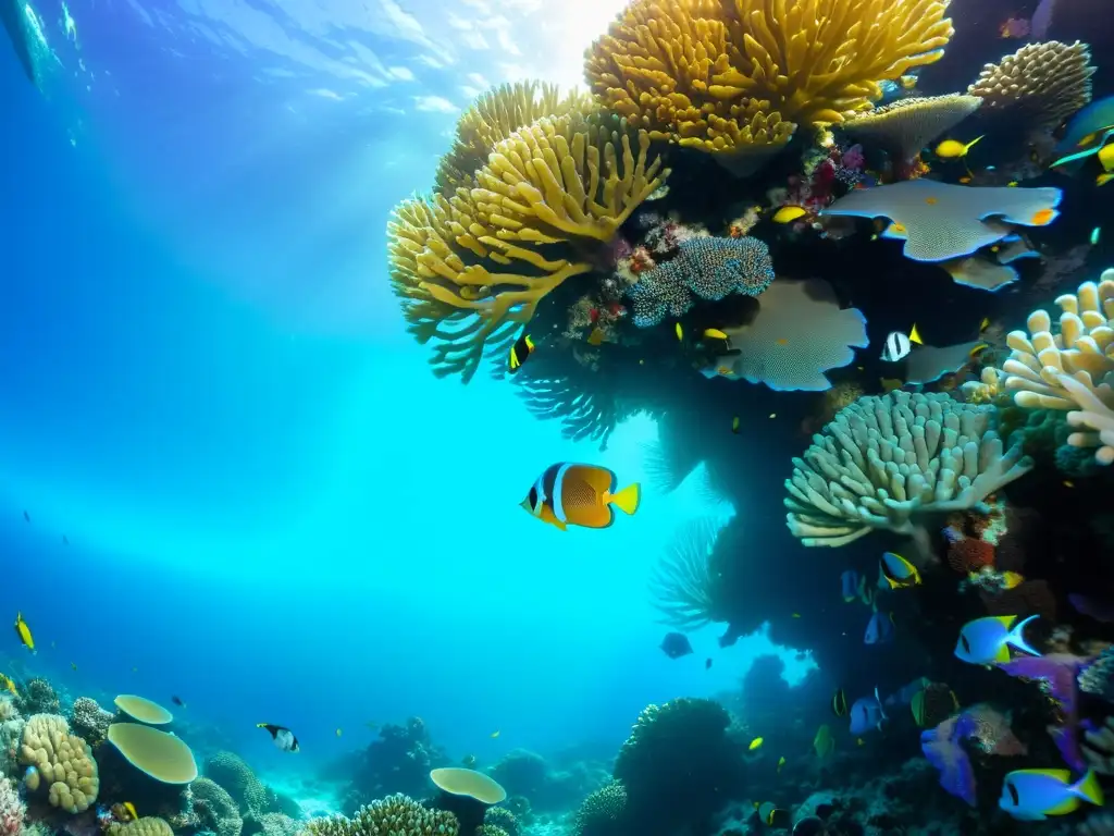 Vibrante arrecife de coral con peces coloridos y vida marina, capturado por cámaras submarinas investigación marina