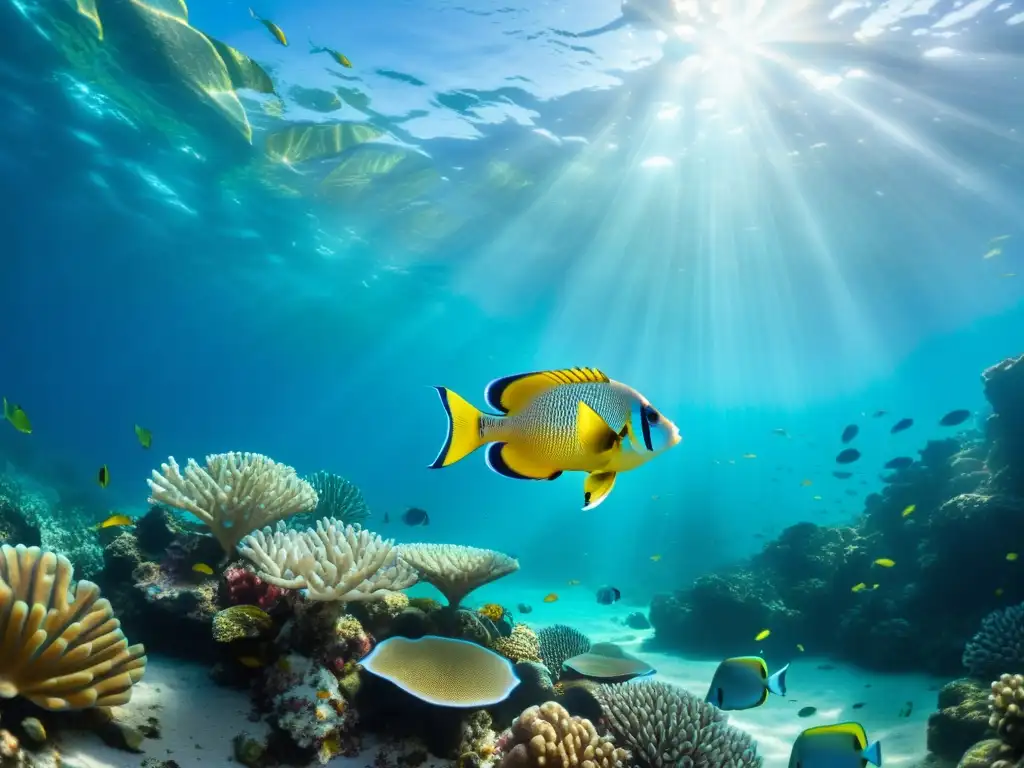 Un vibrante arrecife de coral con peces tropicales nadando en aguas cristalinas, creando un cautivador y sereno paisaje submarino