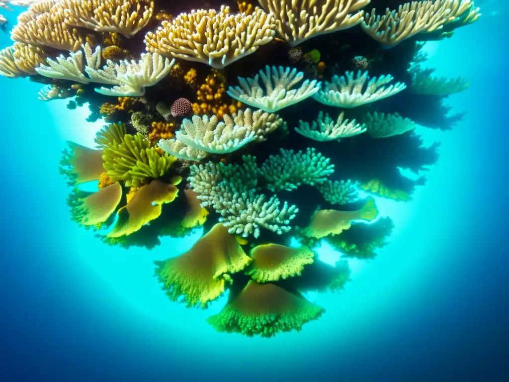 Vibrante arrecife de coral, peces tropicales y tortuga marina, iluminados por la luz del sol