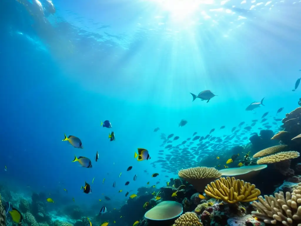 Vibrante arrecife de coral con peces coloridos y vida marina, muestra la belleza de la biodiversidad en un entorno de pesca sostenible