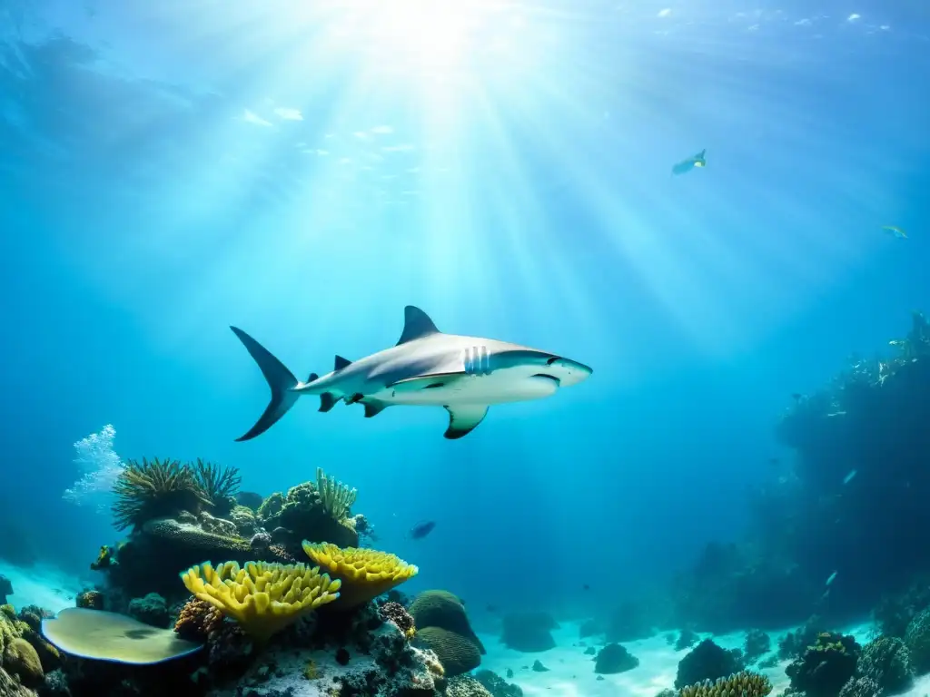 Vibrante arrecife de coral en Cocos Island, con peces tropicales y tiburón martillo