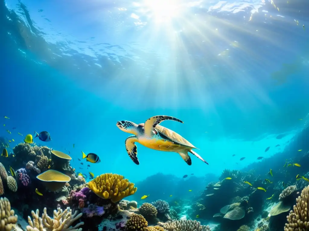 Un vibrante arrecife de coral con peces coloridos, la luz solar crea patrones en el fondo marino