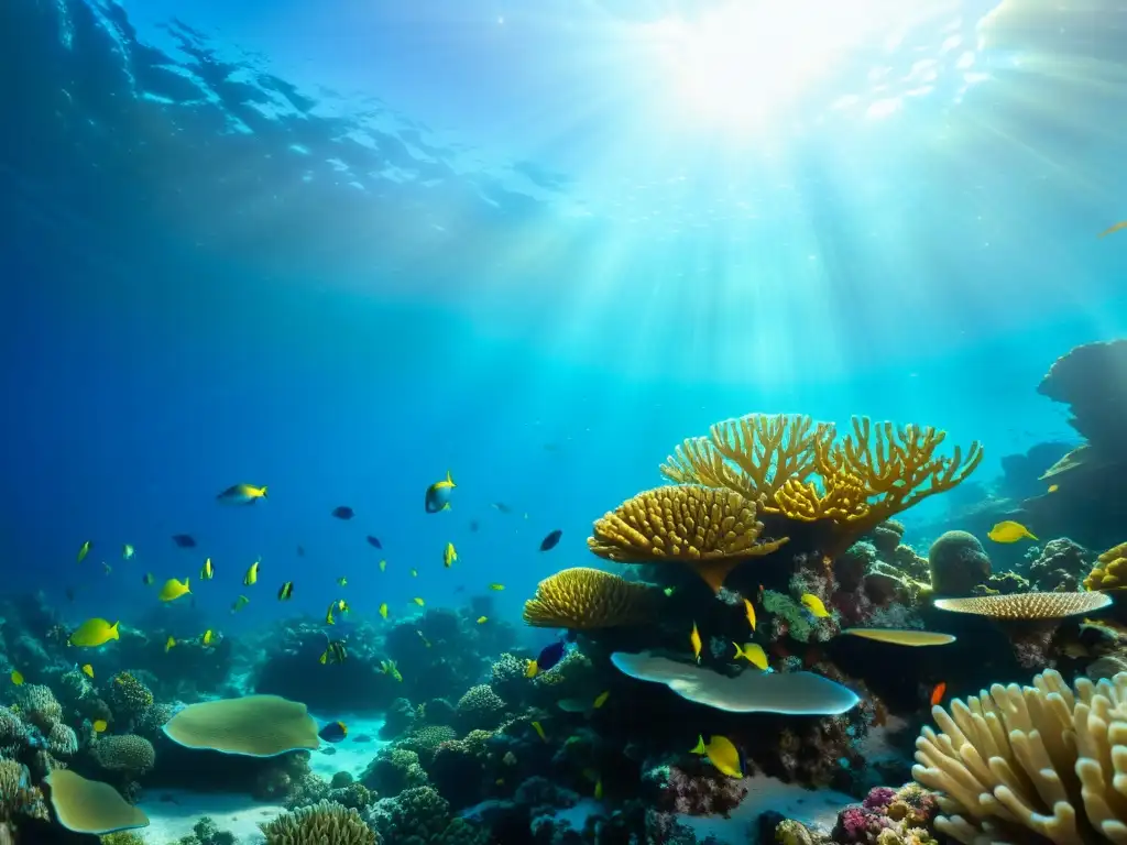 Vibrante arrecife de coral con peces de colores y calentadores de acuario para peces, bañado por la cálida luz del sol