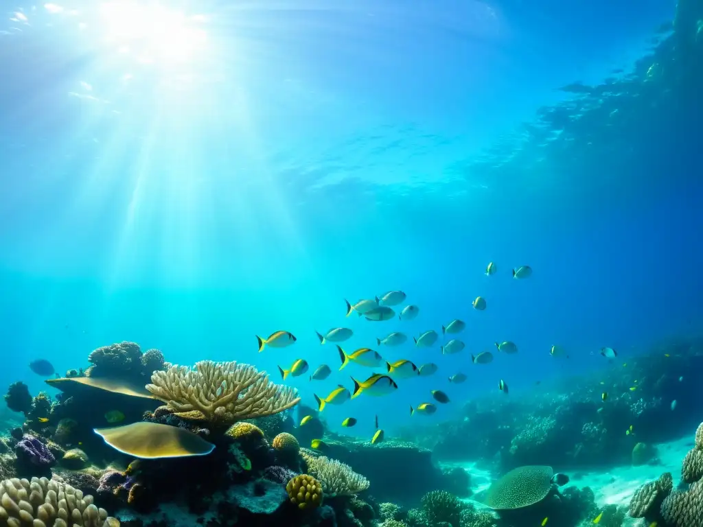 Un vibrante arrecife de coral con peces de colores, tortugas marinas y vida marina en navegación y migración bajo el agua cristalina