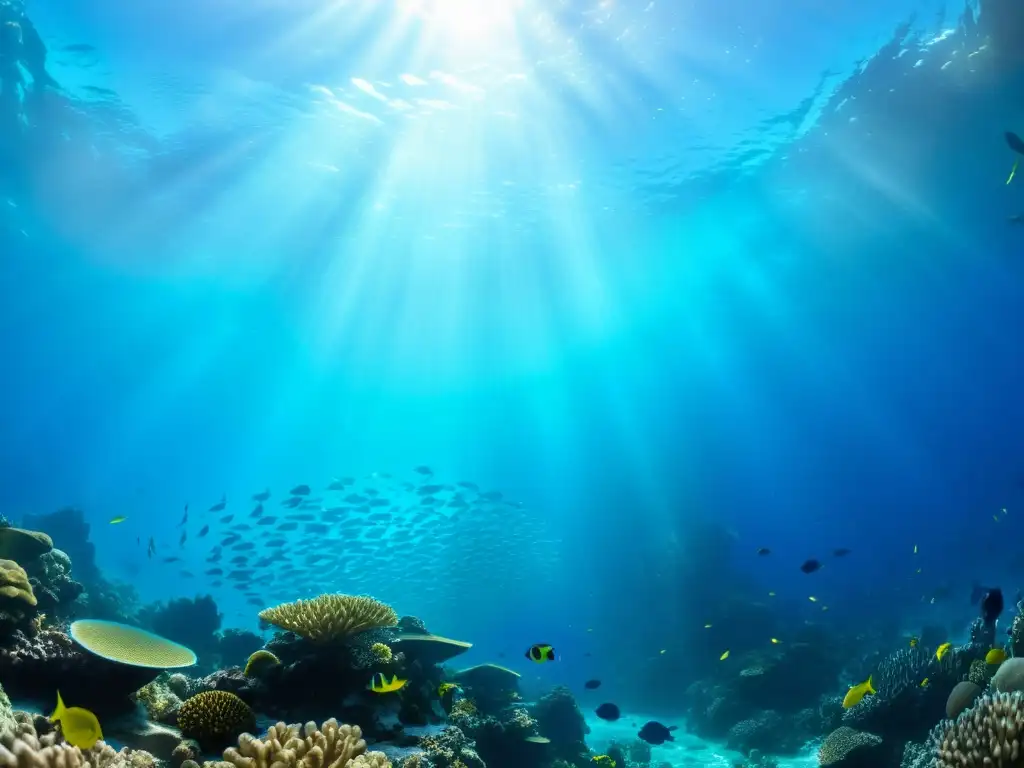 Un vibrante arrecife de coral con peces coloridos y vida marina, bañado por la luz solar en el agua clara y azul