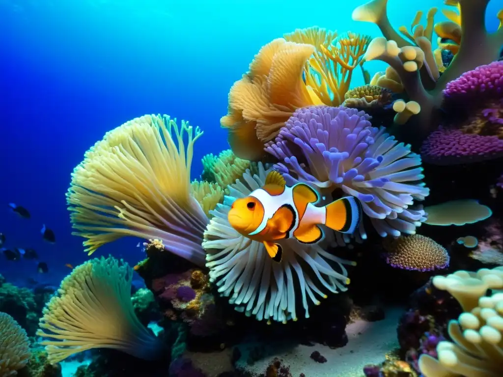 Vibrante arrecife de coral con peces y simbiosis marina en un paisaje submarino de colores