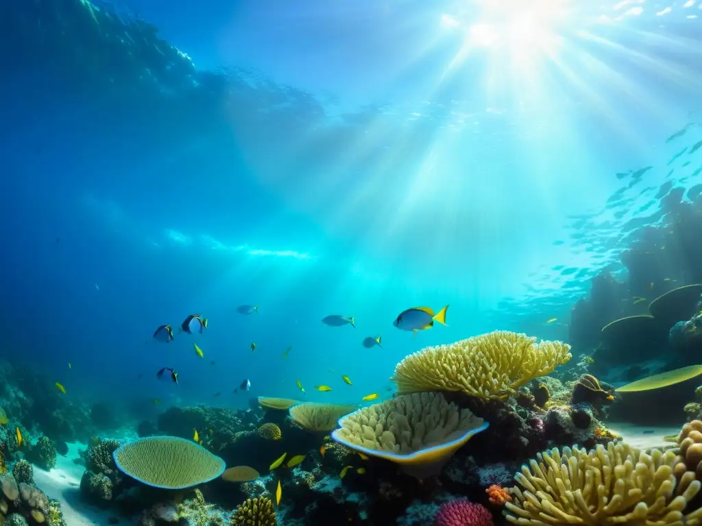 Un vibrante arrecife de coral con peces coloridos y plantas marinas en aguas cristalinas