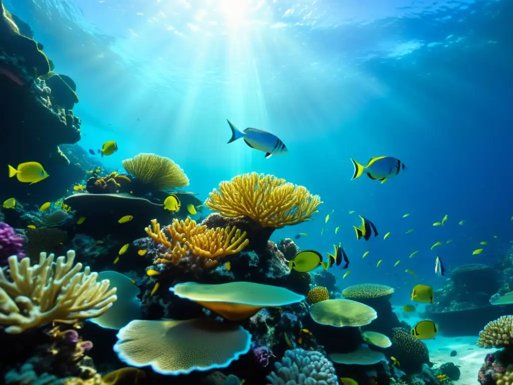 Un vibrante arrecife de coral con peces de colores nadando entre formaciones coralinas detalladas