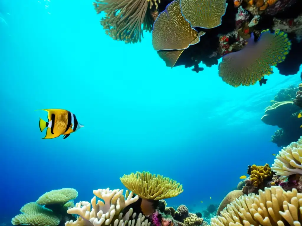 Vibrante arrecife de coral con peces tropicales y difusores de aire, creando un mundo submarino de asombro y tranquilidad