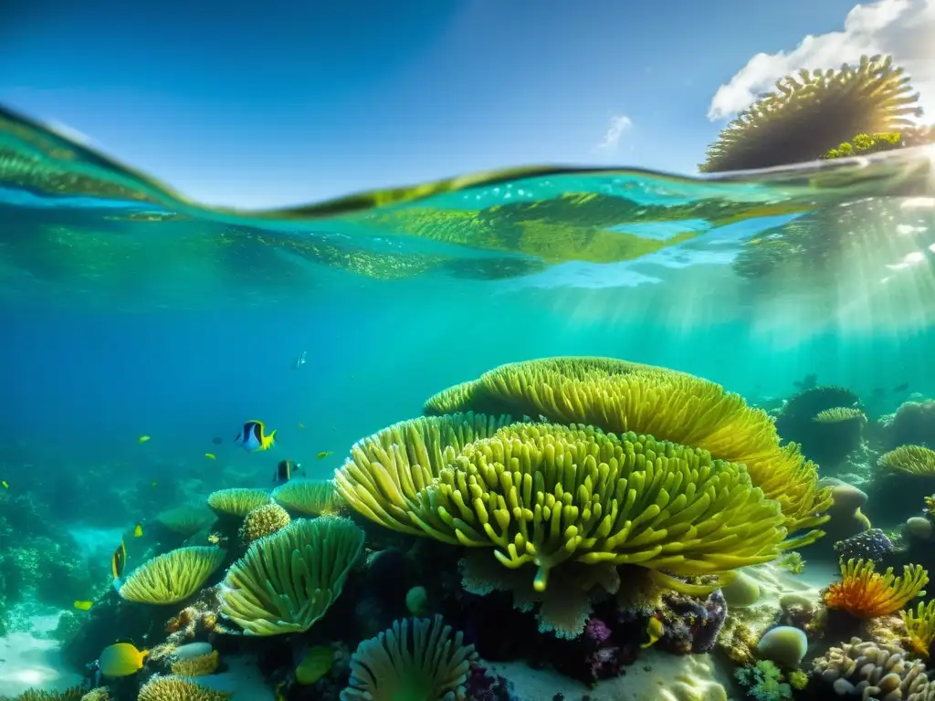 Un vibrante arrecife de coral con peces coloridos y algas marinas verdes, bajo el agua cristalina