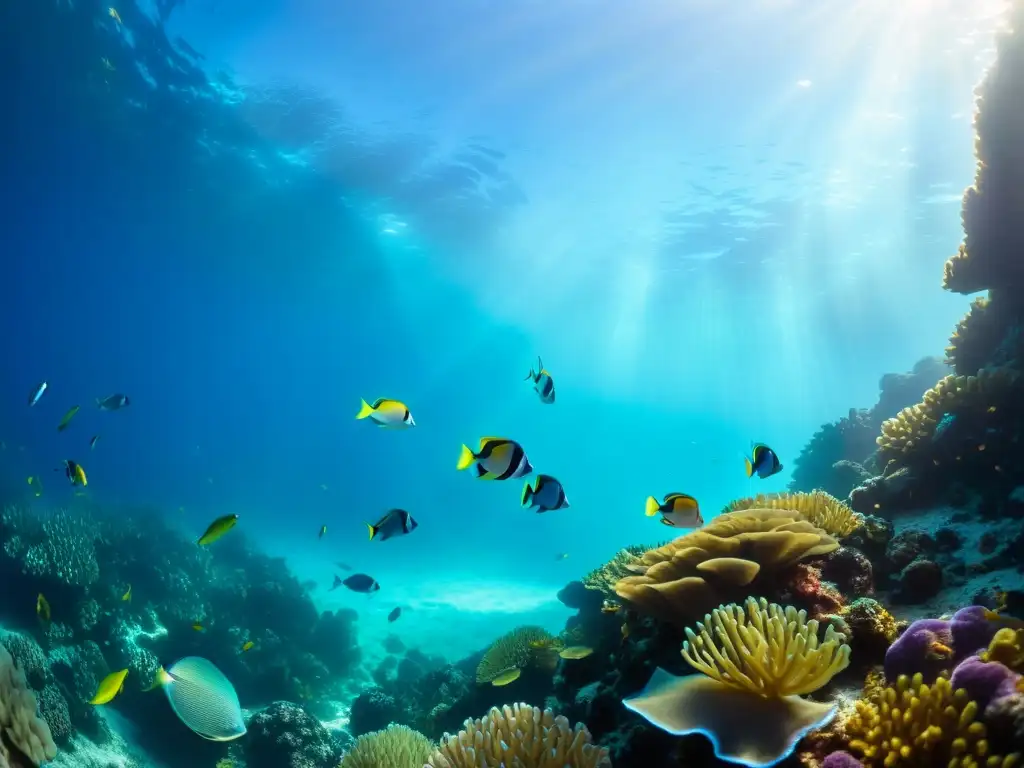 Un vibrante arrecife de coral con peces tropicales nadando en aguas cristalinas