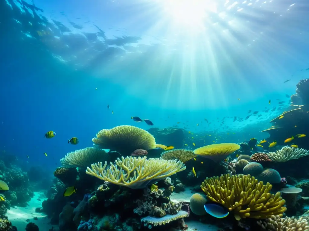 Un vibrante arrecife de coral con peces de colores y plantas marinas, bañado por la luz solar