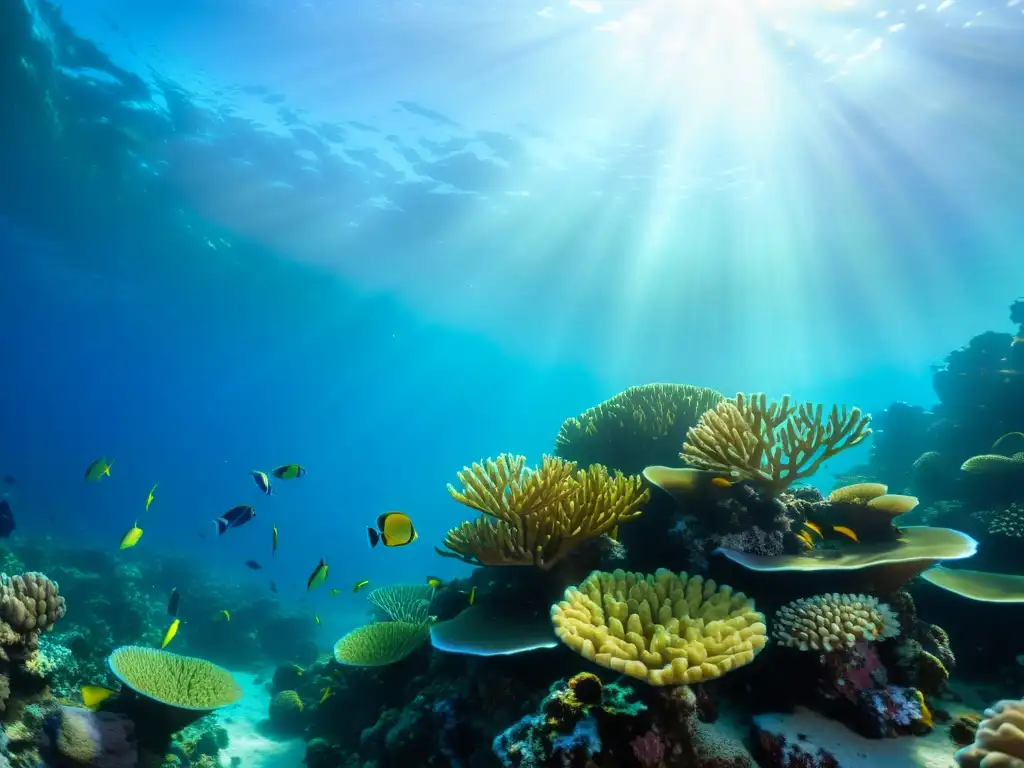 Un vibrante arrecife de coral con peces de colores y la luz del sol filtrándose a través del agua