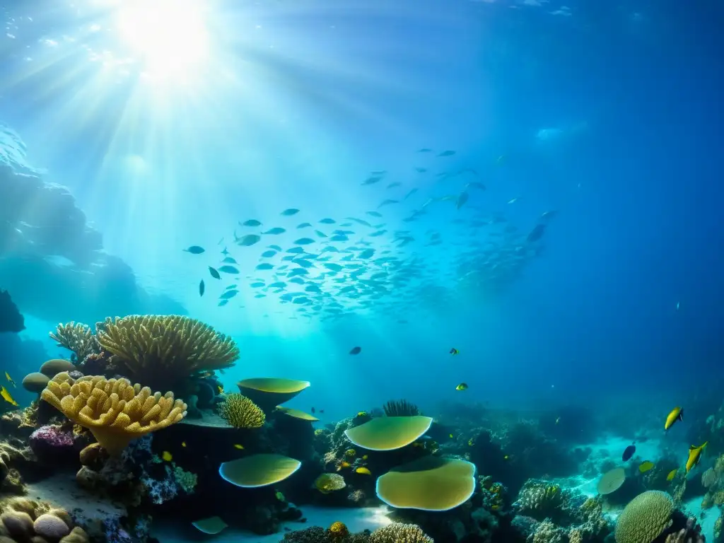 Vibrante arrecife de coral con peces coloridos y luz solar filtrándose