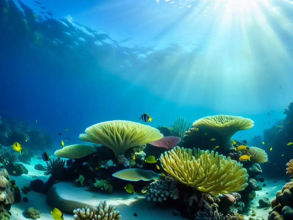 Un vibrante arrecife de coral con peces coloridos, plantas marinas ondeando y formaciones de coral