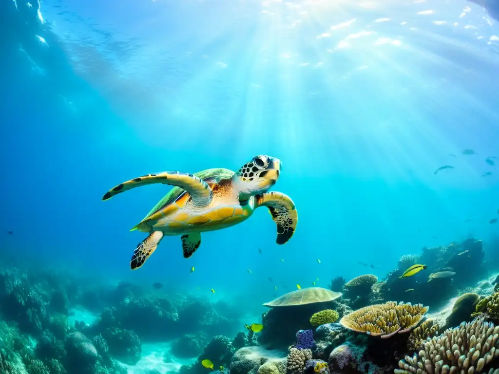 Un vibrante arrecife de coral con peces coloridos y tortugas marinas