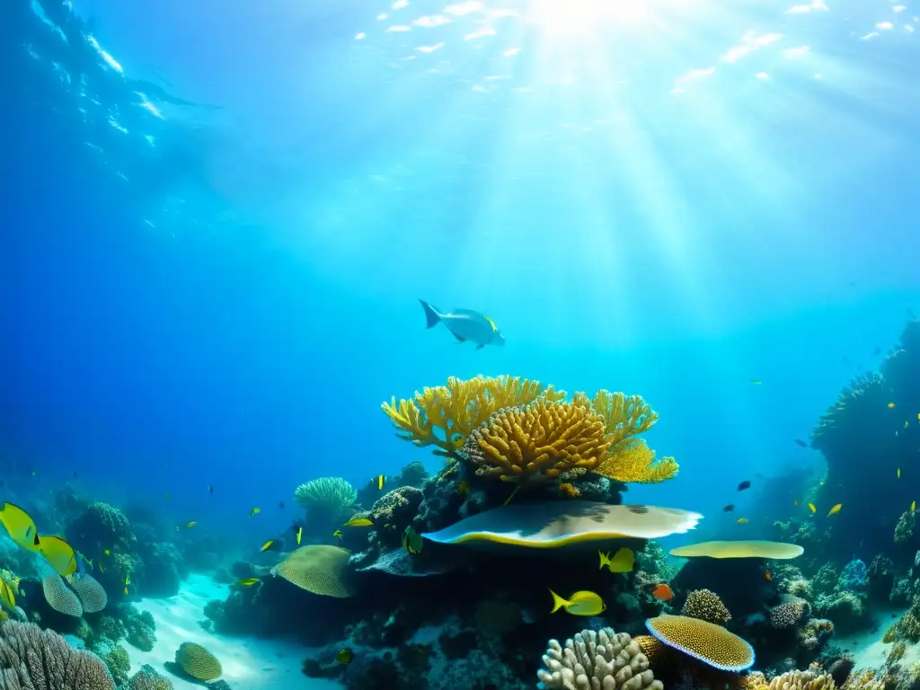 Un vibrante arrecife de coral con peces de colores nadando entre las formaciones de coral