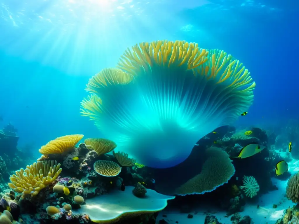 Vibrante arrecife de coral con peces y anémonas en aguas azules