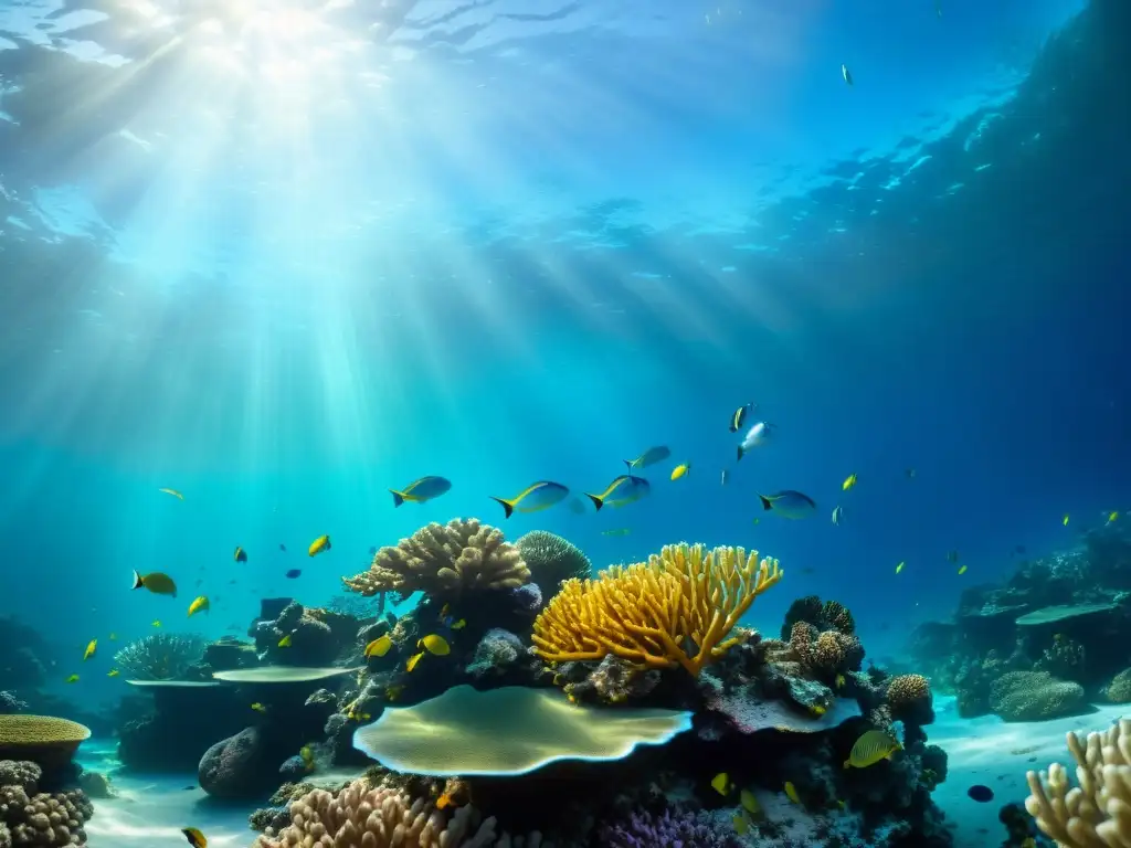 Arrecife de coral vibrante: vida marina en detalle Vibrante arrecife de coral con peces de colores nadando entre corales, bajo la luz del sol