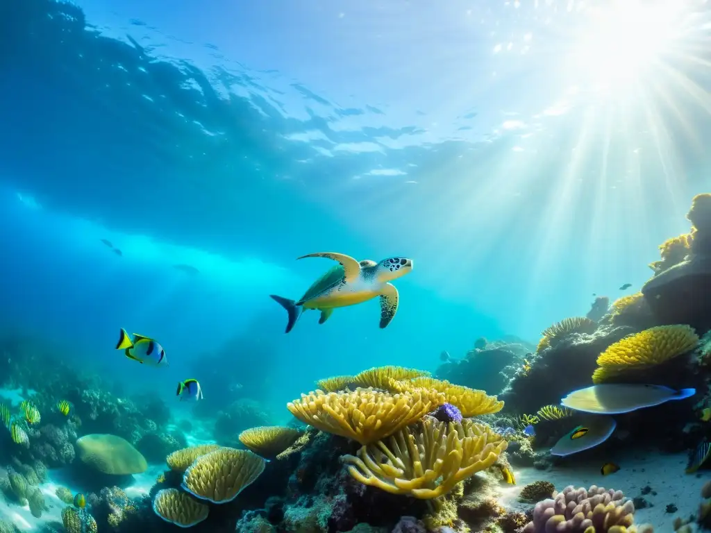 Un vibrante arrecife de coral con peces coloridos, plantas marinas y formaciones rocosas, iluminado por el sol