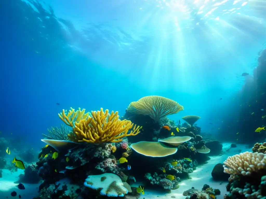 Vibrante arrecife de coral con peces de colores y plantas marinas, bañado por la luz del sol