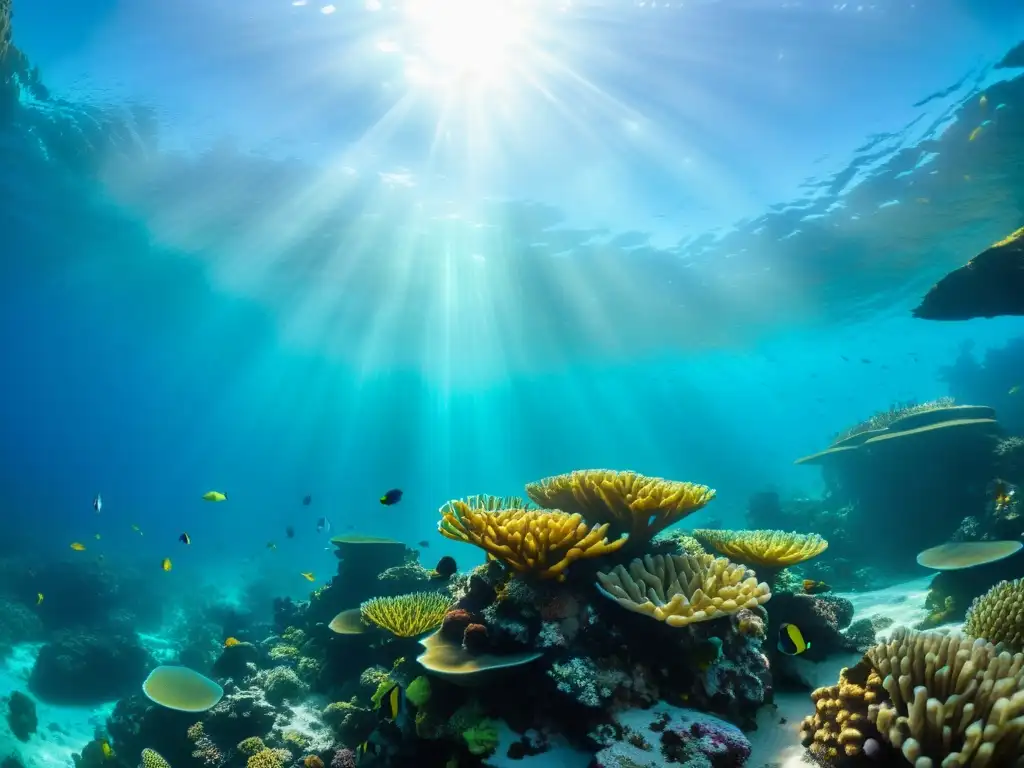 Vibrante arrecife de coral con peces coloridos, plantas marinas y formaciones rocosas bajo el agua