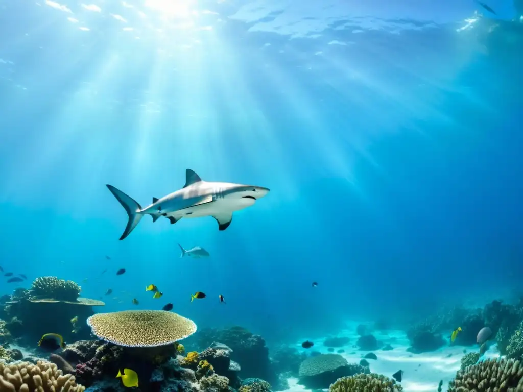 Vibrante arrecife de coral con peces coloridos y la importancia de grandes depredadores en ecosistemas marinos