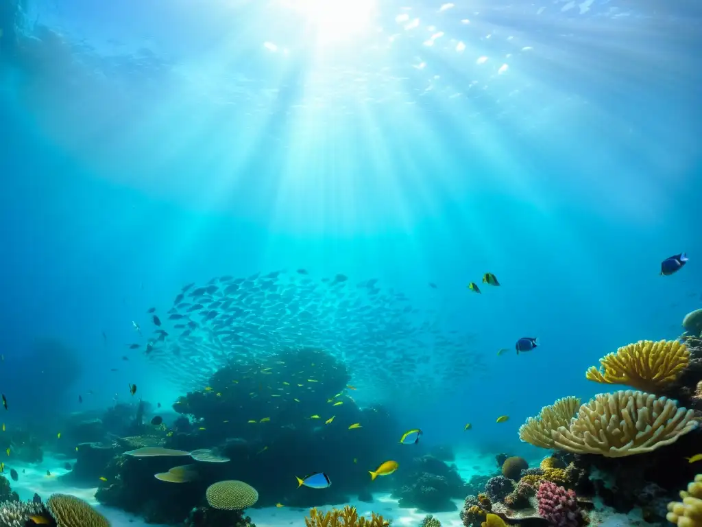 Arrecife de coral vibrante: vida submarina en acción Vibrante arrecife de coral con peces coloridos, luz solar filtrándose, muestra la importancia de los acuerdos internacionales conservación vida marina