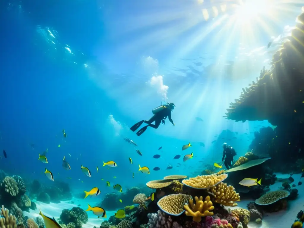 Un vibrante arrecife de coral con peces de colores en un ecosistema marino protegido, ideal para el turismo sostenible en áreas marinas protegidas