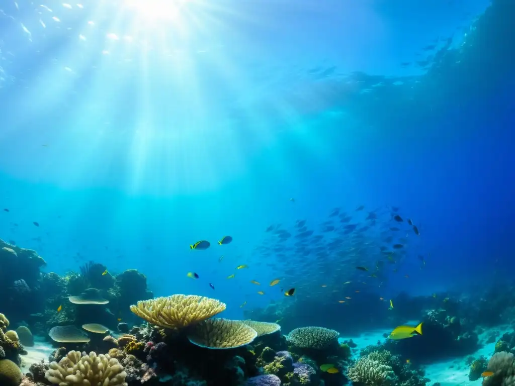 Vibrante arrecife de coral con peces tropicales y plantas marinas, reflejando la belleza del turismo de conservación arrecifes coralinos