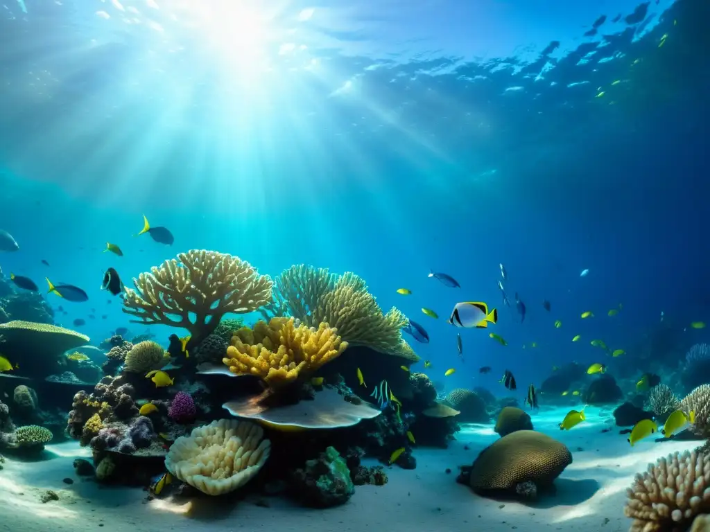 Vibrante arrecife de coral con peces coloridos y luz solar filtrándose en el agua