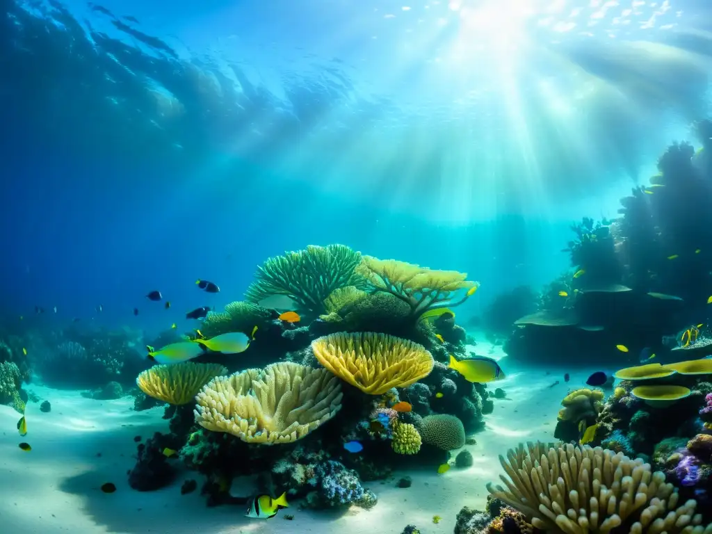 Vibrante arrecife de coral, peces coloridos y plantas marinas bajo la luz del sol