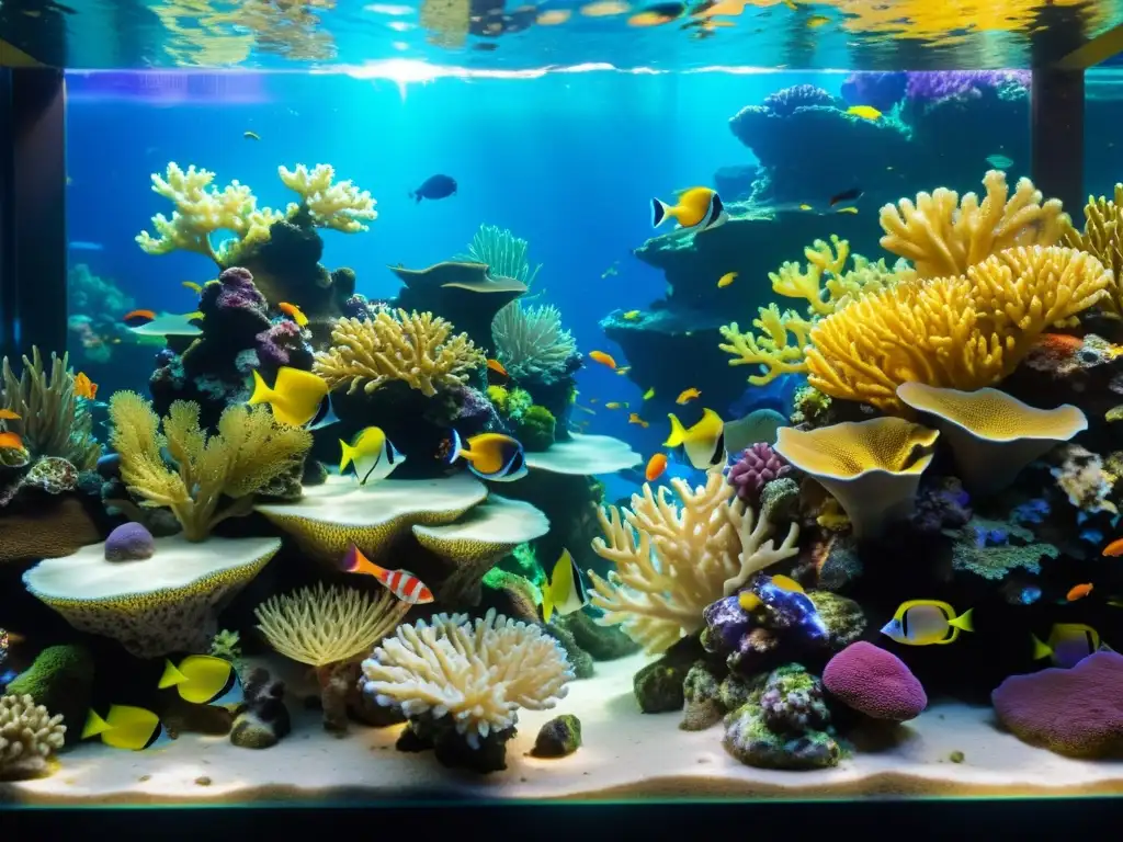 Vibrante arrecife de coral con peces tropicales en acuario cristalino, iluminado por la luz del sol