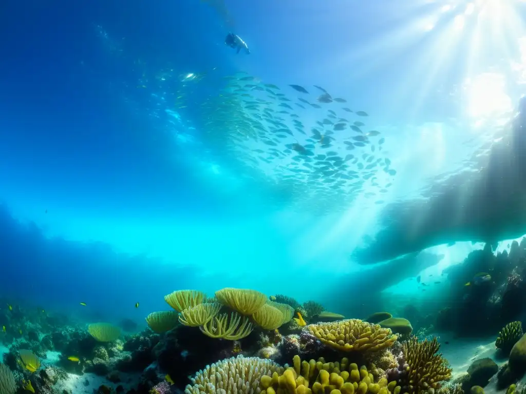 Un vibrante arrecife de coral en peligro, lleno de vida marina colorida y delicada vegetación marina, bajo la luz del sol en el agua clara