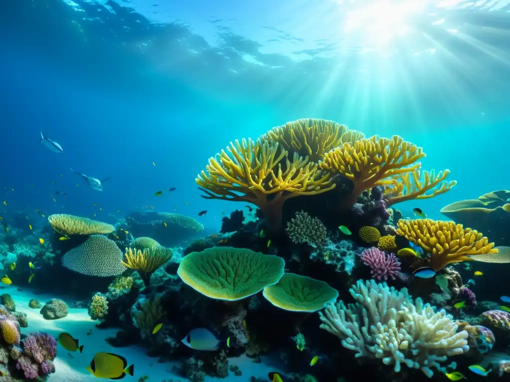 Un vibrante arrecife de coral con perlas auténticas joyería marina, vida marina colorida y cristalina agua