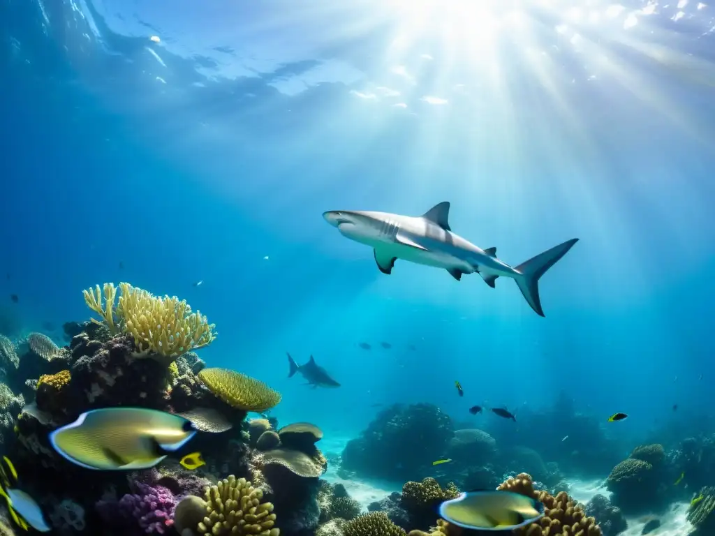 Un vibrante arrecife de coral poblado por peces tropicales coloridos, contrastando con la presencia ominosa de un tiburón